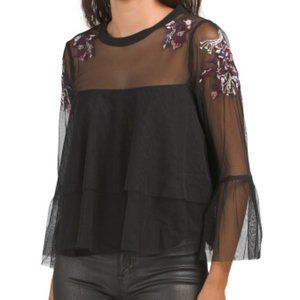 Willow & Clay Illusion Bell Sleeve Embroidered Top